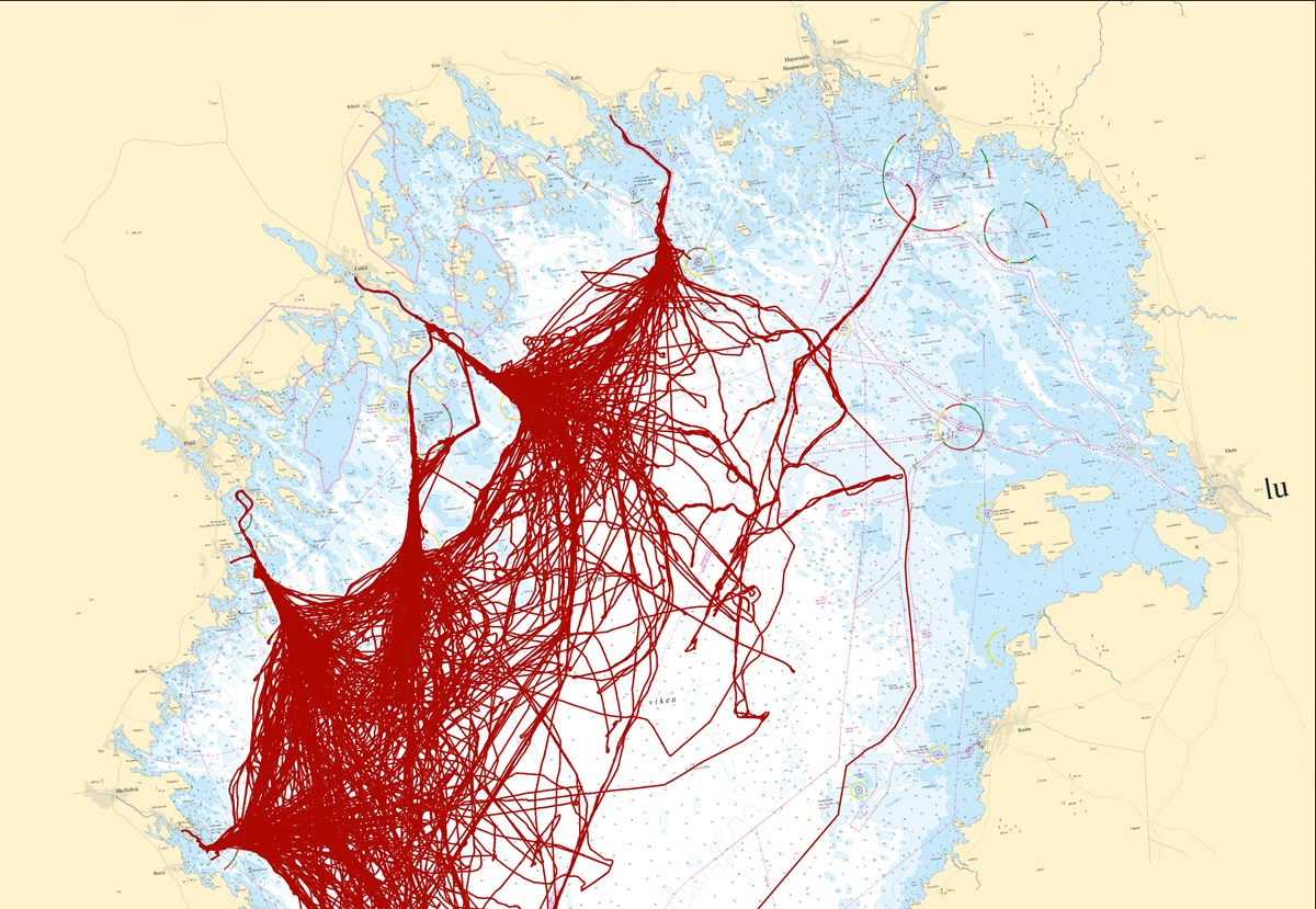 isbrytarnas spår i Bottenviken. Karta med röda linjer.