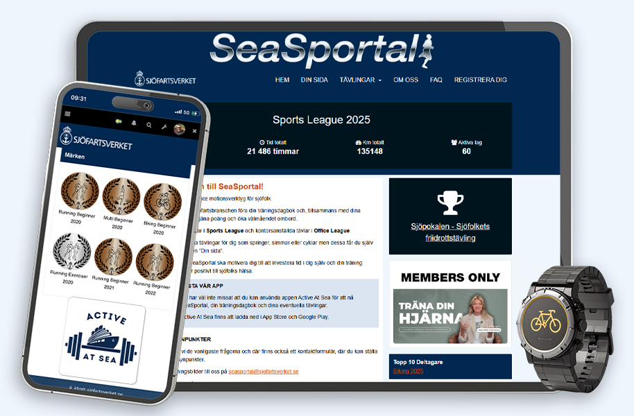 An iPad, a smart phone and a training watch showing SeaSportal