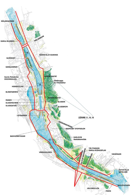 Karta över Södertälje sluss- och kanalområde.