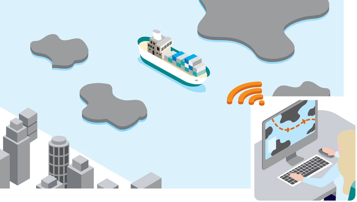 En illustration som visar ett fartyg i havet och sen en infälld ruta med en person vid en dator i ett kontorslandskap