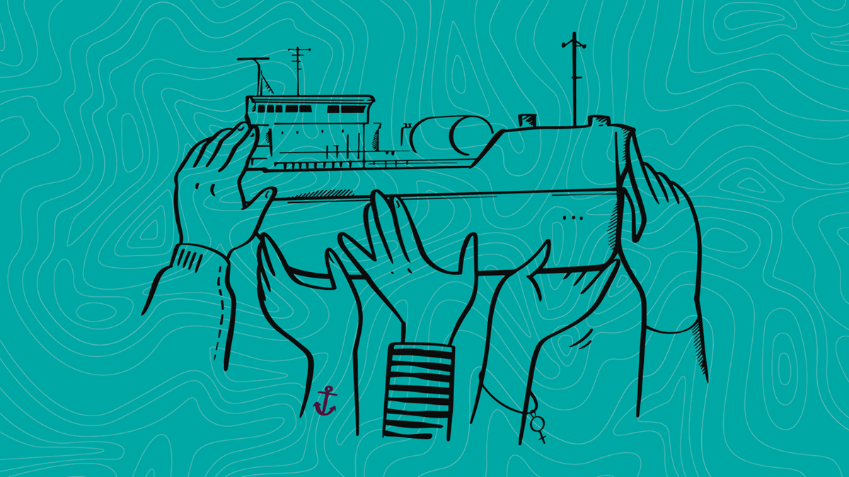 En illustration av ett fartyg som hålls uppe av många händer.