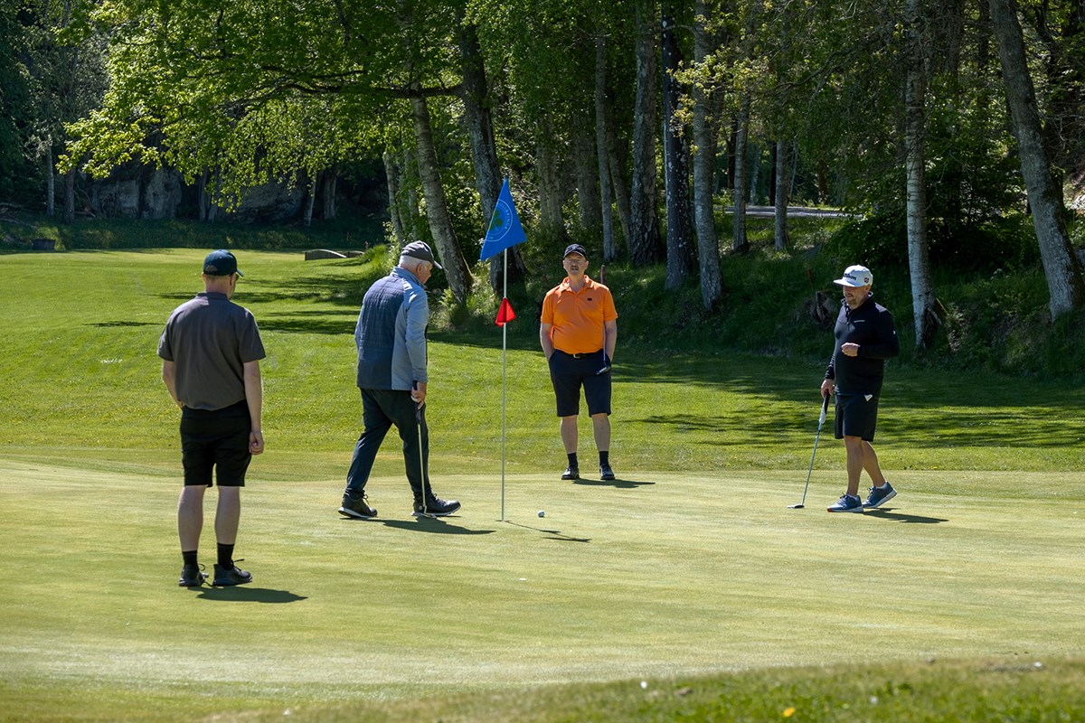 Fyra golfare på green.